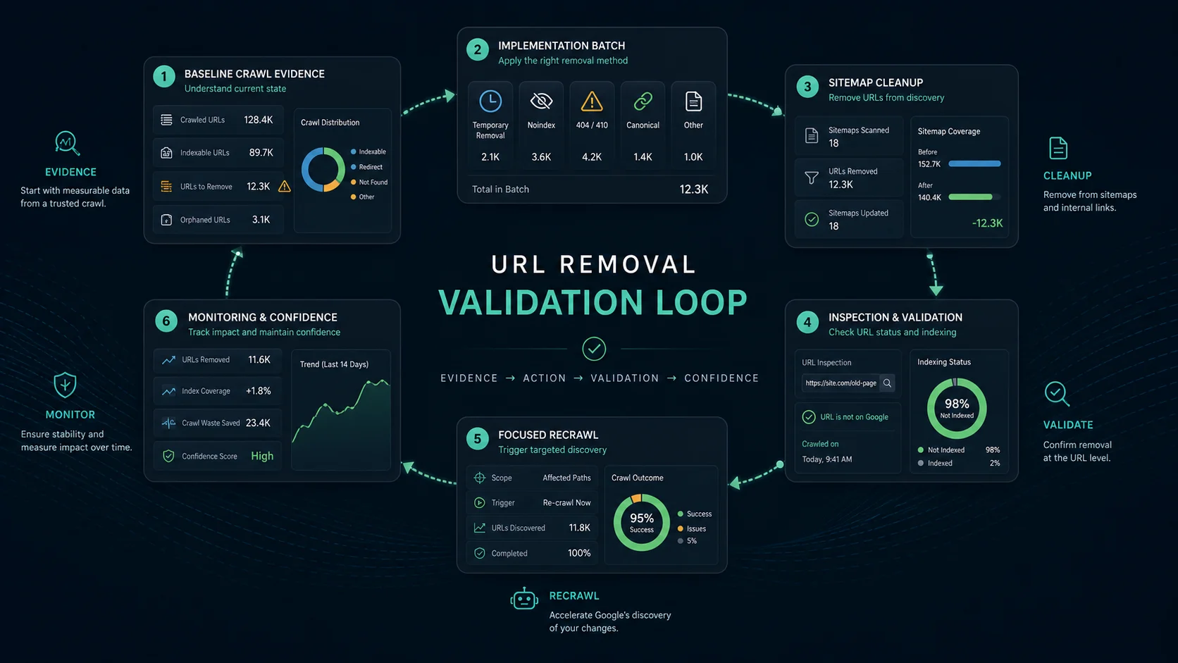 URL removal validation loop from baseline crawl to implementation, sitemap cleanup, inspection, recrawl, and monitoring