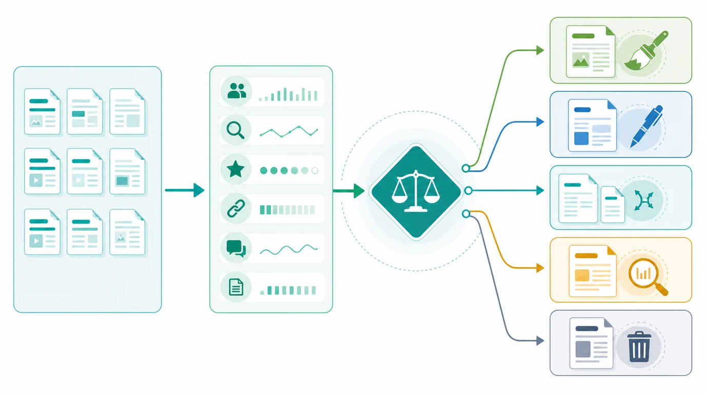 Republishing content decision map from page inventory and evidence signals to refresh, rewrite, merge, monitor, or retire outcomes
