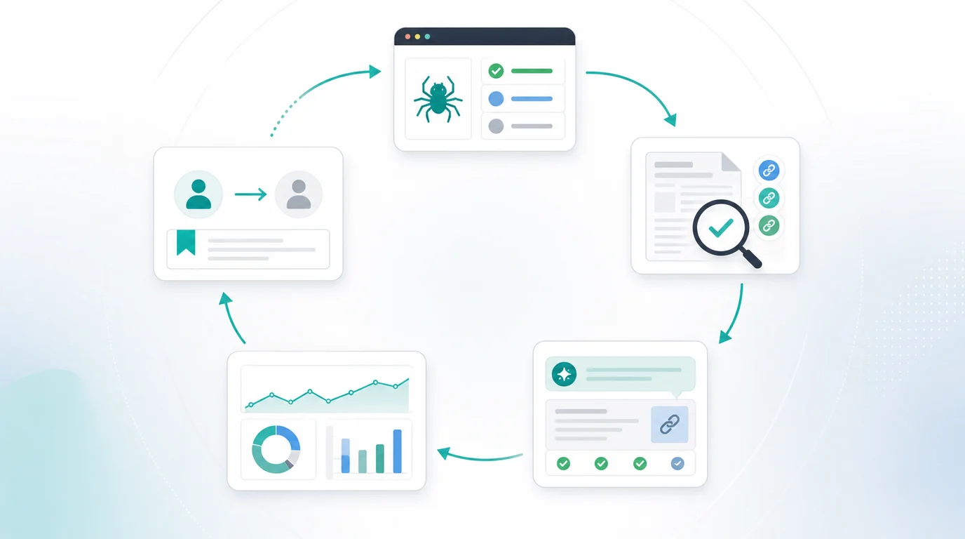 Republished content validation loop connecting crawl checks, internal links, AI-search readiness, performance monitoring, and owner handoff