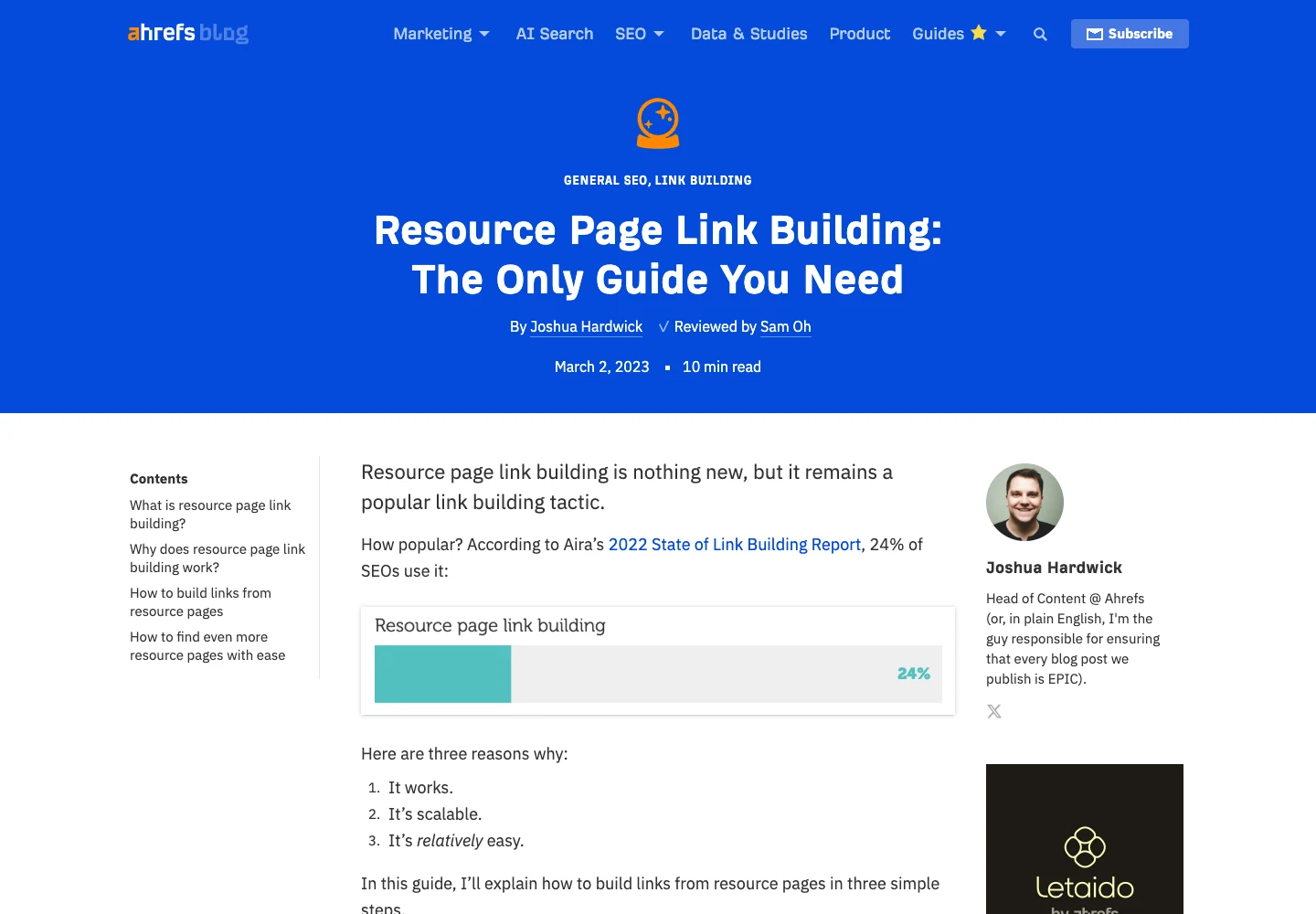 Official Ahrefs resource page link building article used as public source evidence