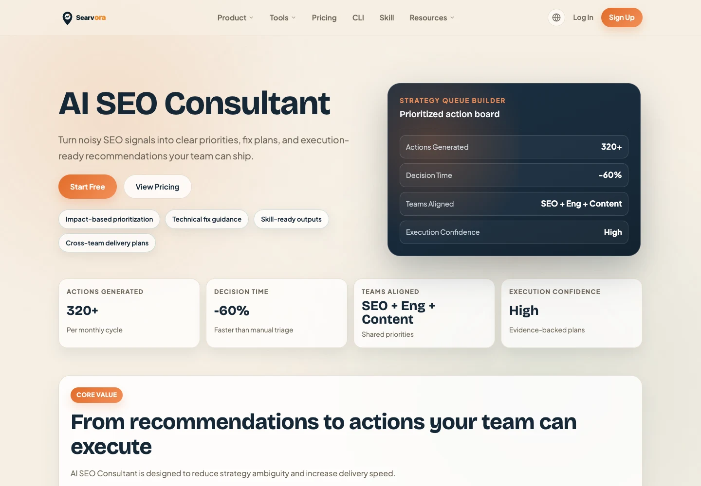 Searvora AI SEO Consultant public product page showing prioritization and execution-ready action planning