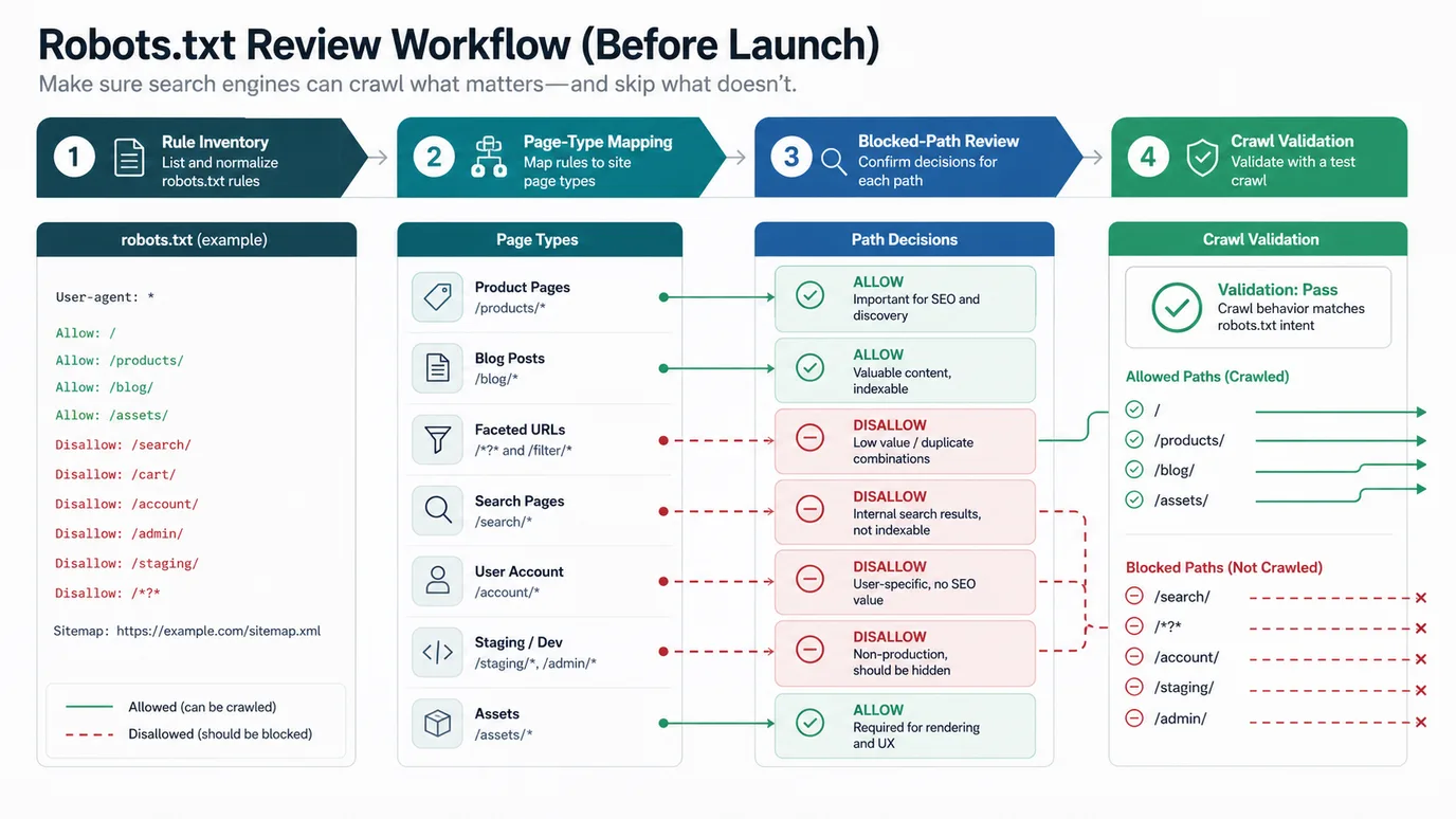Robots.txt review workflow mapping rule inventory, page types, path decisions, and crawl validation