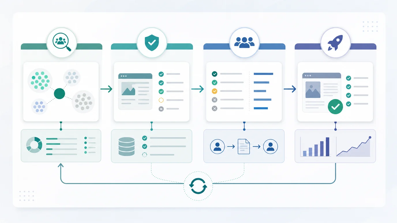 B2B organic traffic operating loop from demand clusters to crawl eligibility, owner handoff, shipped changes, and validation