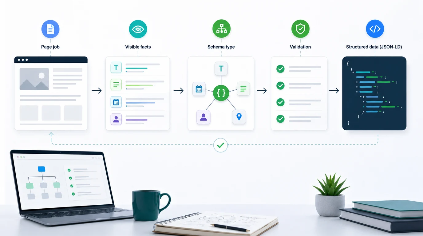 Schema markup decision map from page job to visible facts, schema type, JSON-LD, and validation