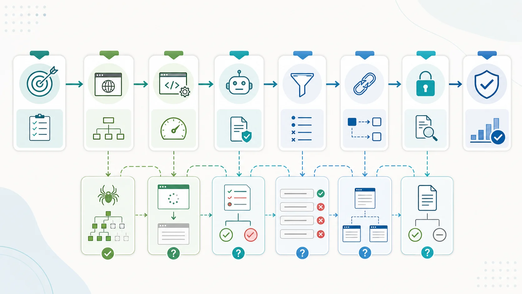 Crawler configuration decision map from audit goal to scope, rendering, exclusions, and validation