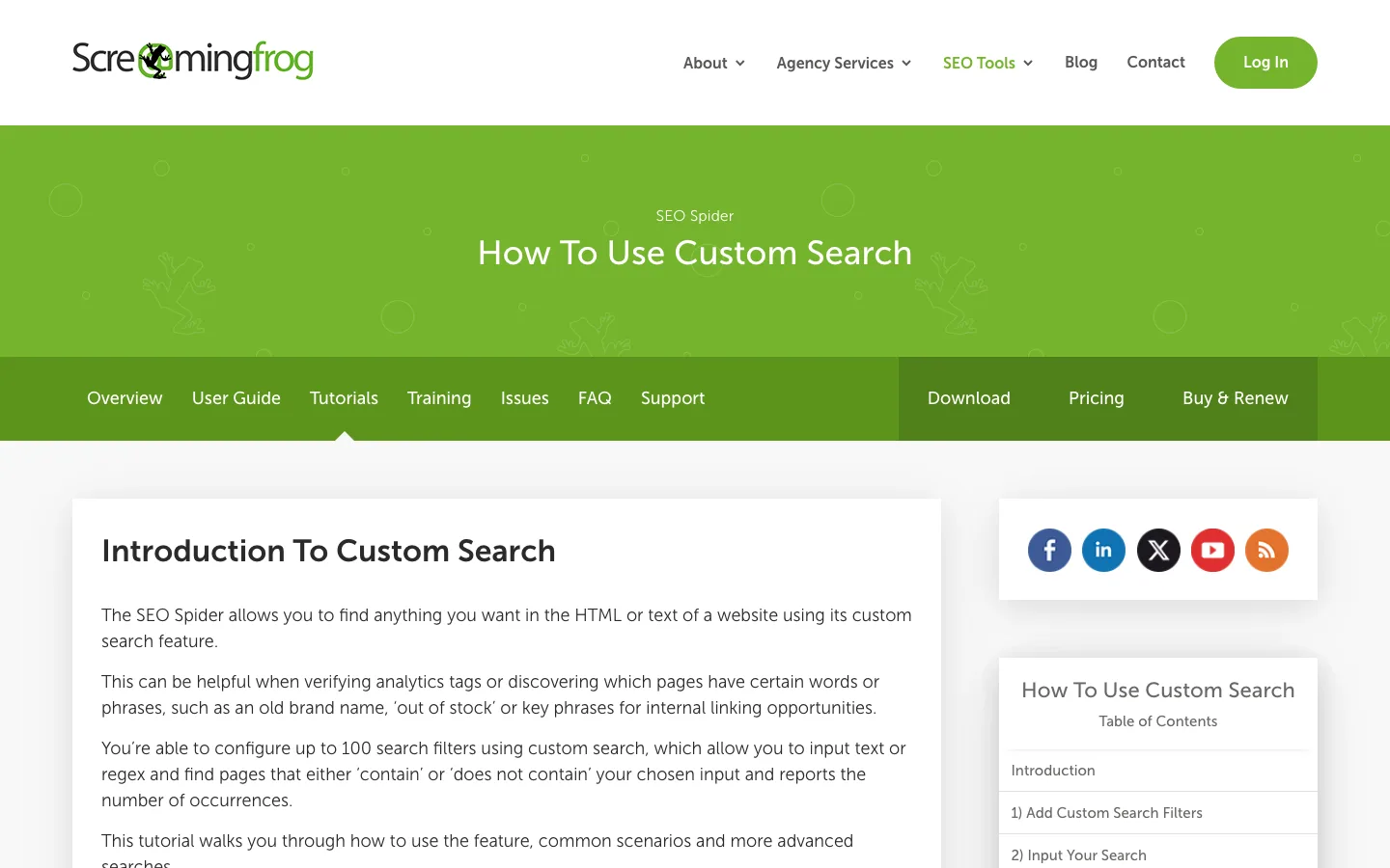 Official Screaming Frog Custom Search tutorial page used as public workflow evidence