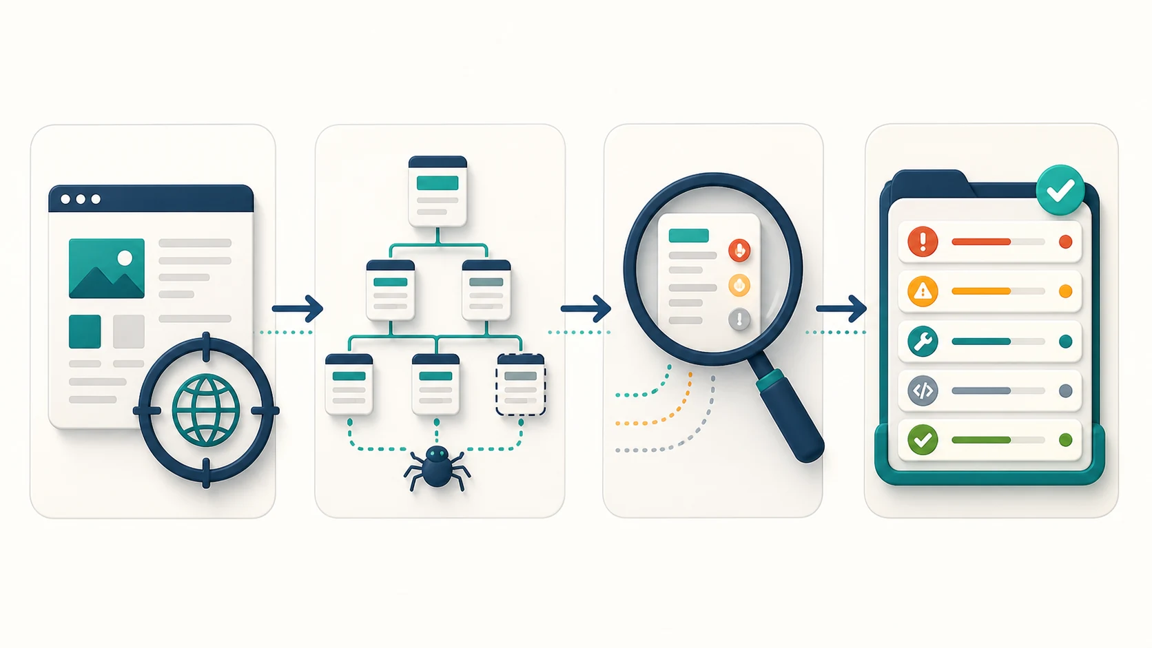 A first crawl moving from a page scope to a crawl graph, issue review, and an owner-ready fix queue