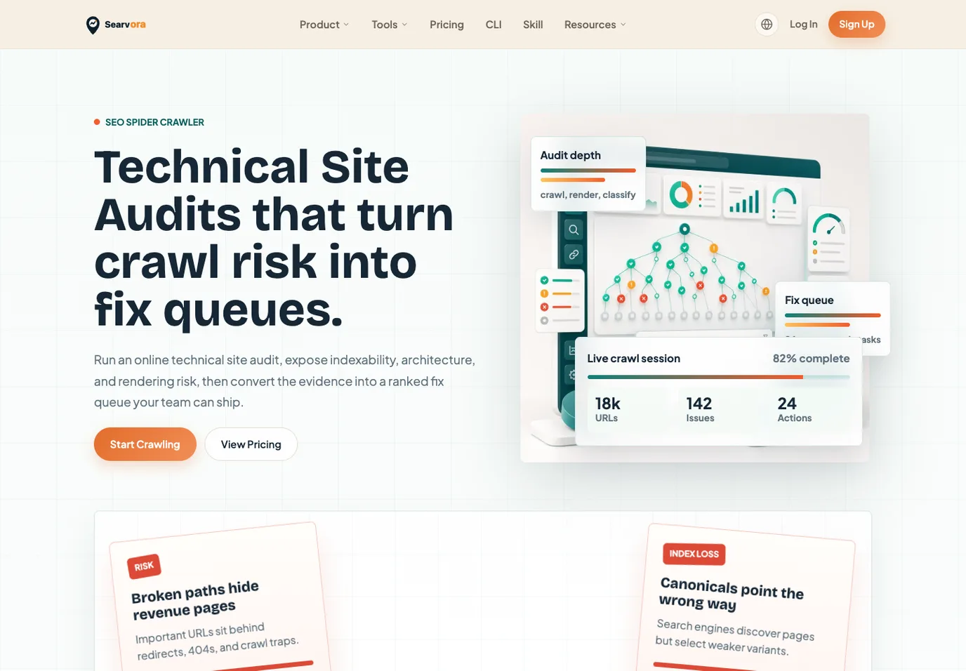 Searvora SEO Spider Crawler page showing crawl risk converted into fix queues