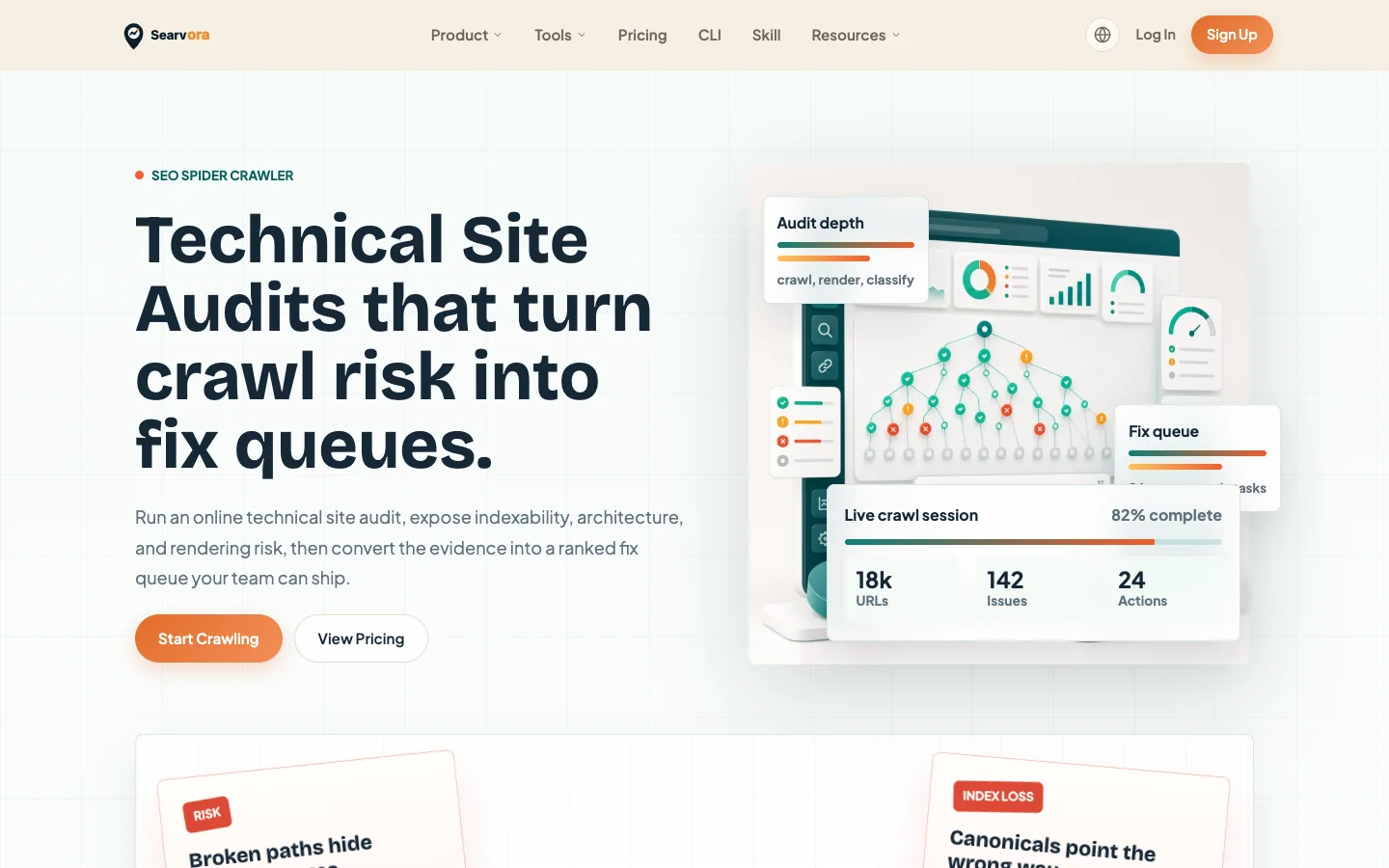 Searvora SEO Spider Crawler page showing crawl risk organized into an owner-ready fix queue