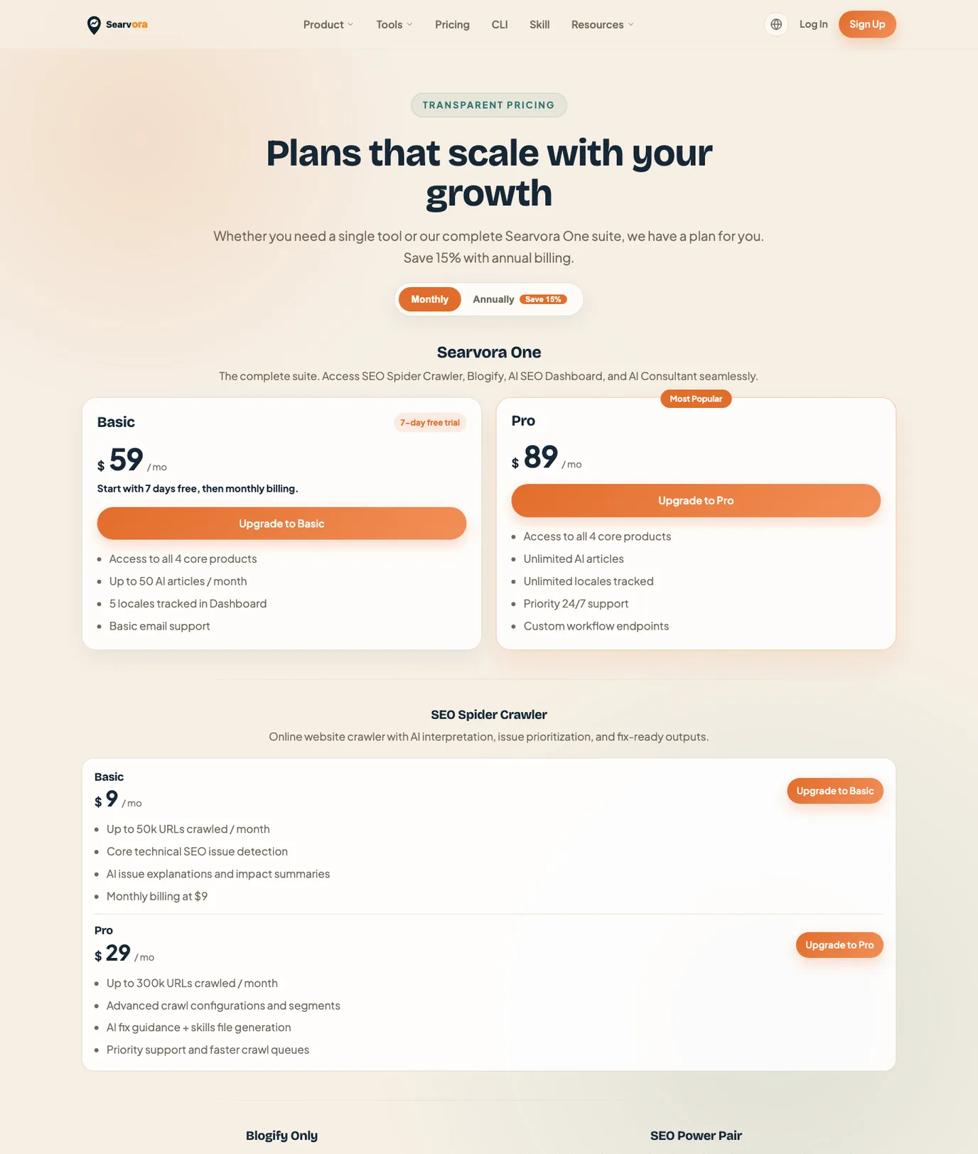 Searvora pricing page showing SEO Spider Crawler monthly plan cards