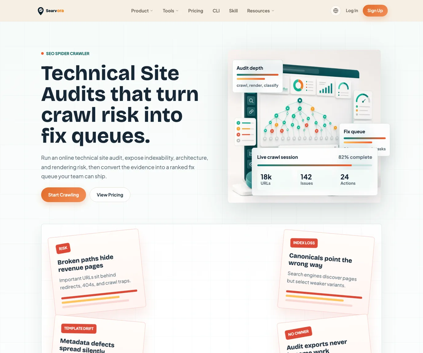 Searvora SEO Spider Crawler page showing crawl risk converted into fix queues
