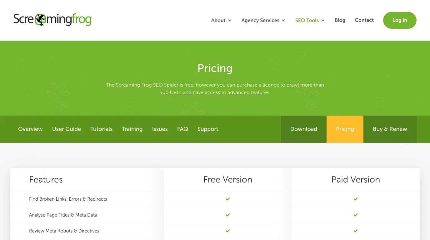 Official Screaming Frog pricing page screenshot comparing free and paid versions