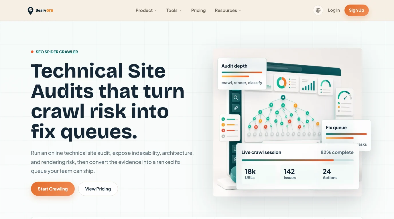Searvora SEO Spider Crawler page showing crawl risk converted into fix queues