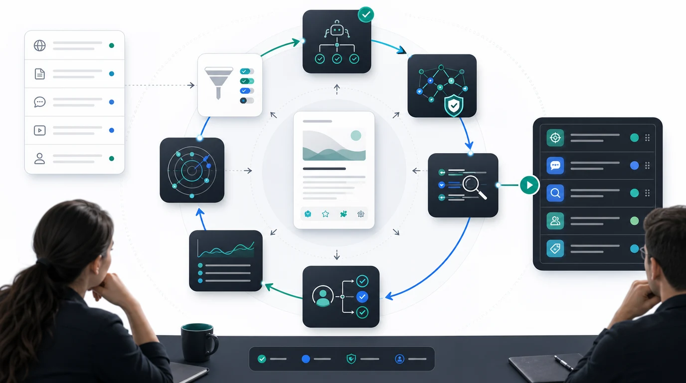 Search everywhere optimization validation loop connecting source pages, crawl eligibility, entity proof, platform evidence, AI citations, and dashboard monitoring