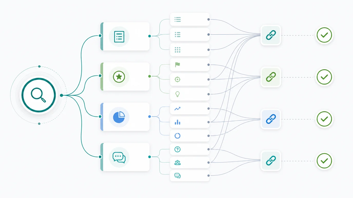 Secondary keyword outline map branching from a main query into supporting sections, internal links, and validation checks