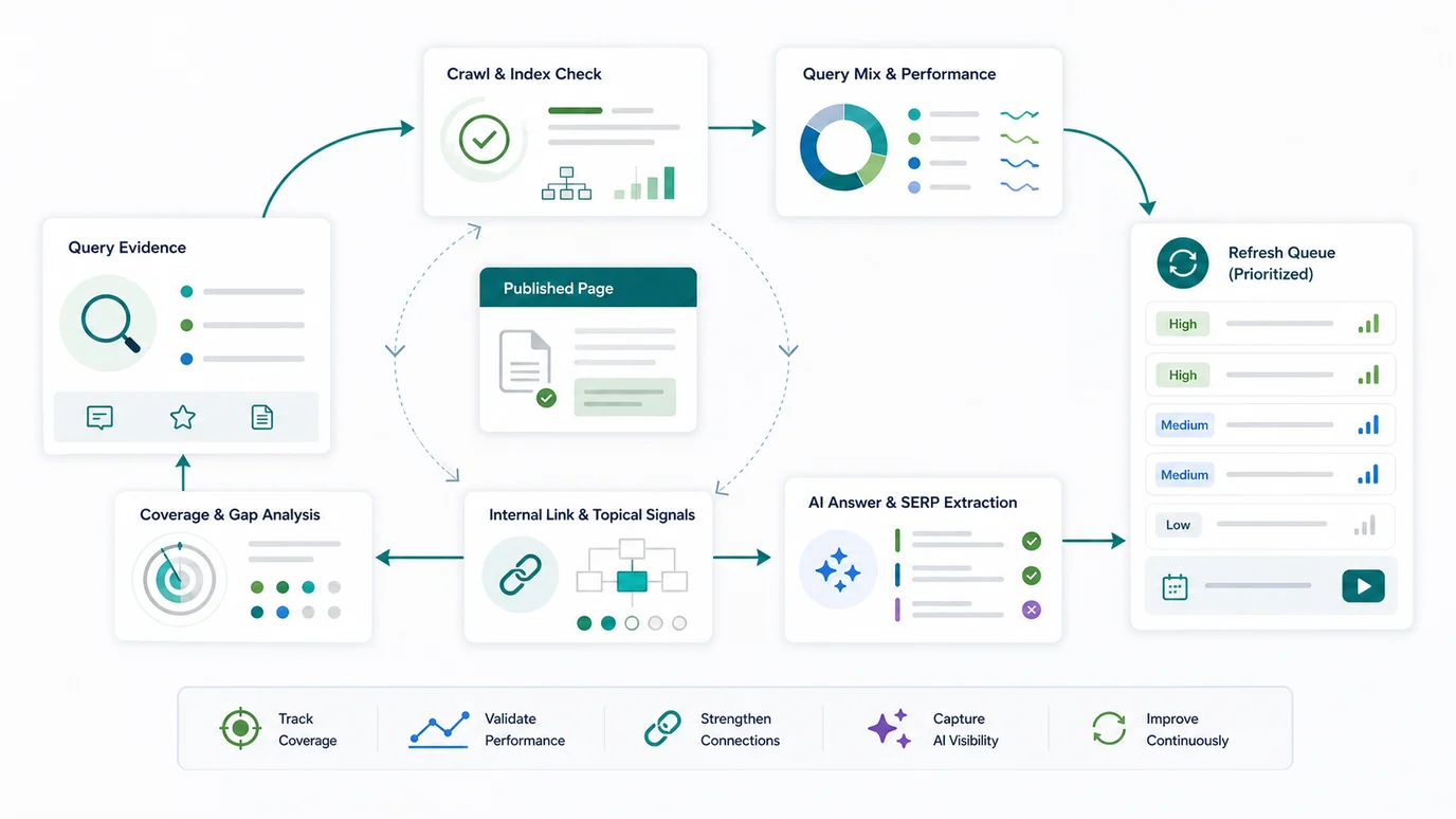 Secondary keyword validation loop connecting query evidence, crawl checks, internal links, AI answer extraction, and refresh queues