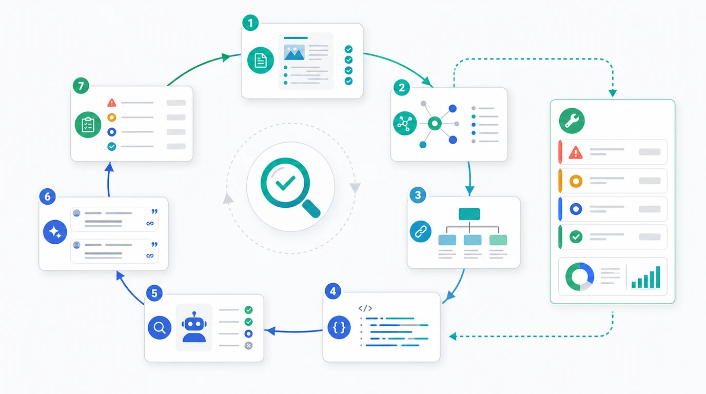 Semantic SEO validation loop connecting content evidence, entity clarity, internal links, schema, crawl checks, AI citations, and a fix queue