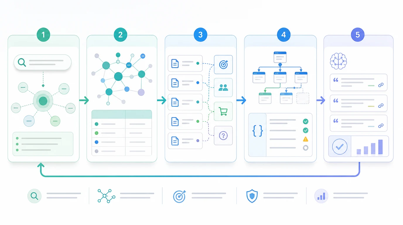 Semantic SEO workflow moving from query meaning to entity inventory, page jobs, internal links, schema validation, and AI citation checks