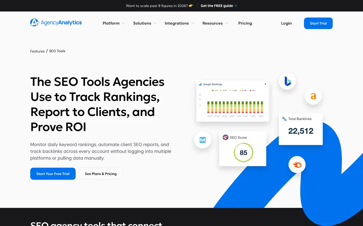 AgencyAnalytics public SEO tools page showing agency reporting and ranking workflows