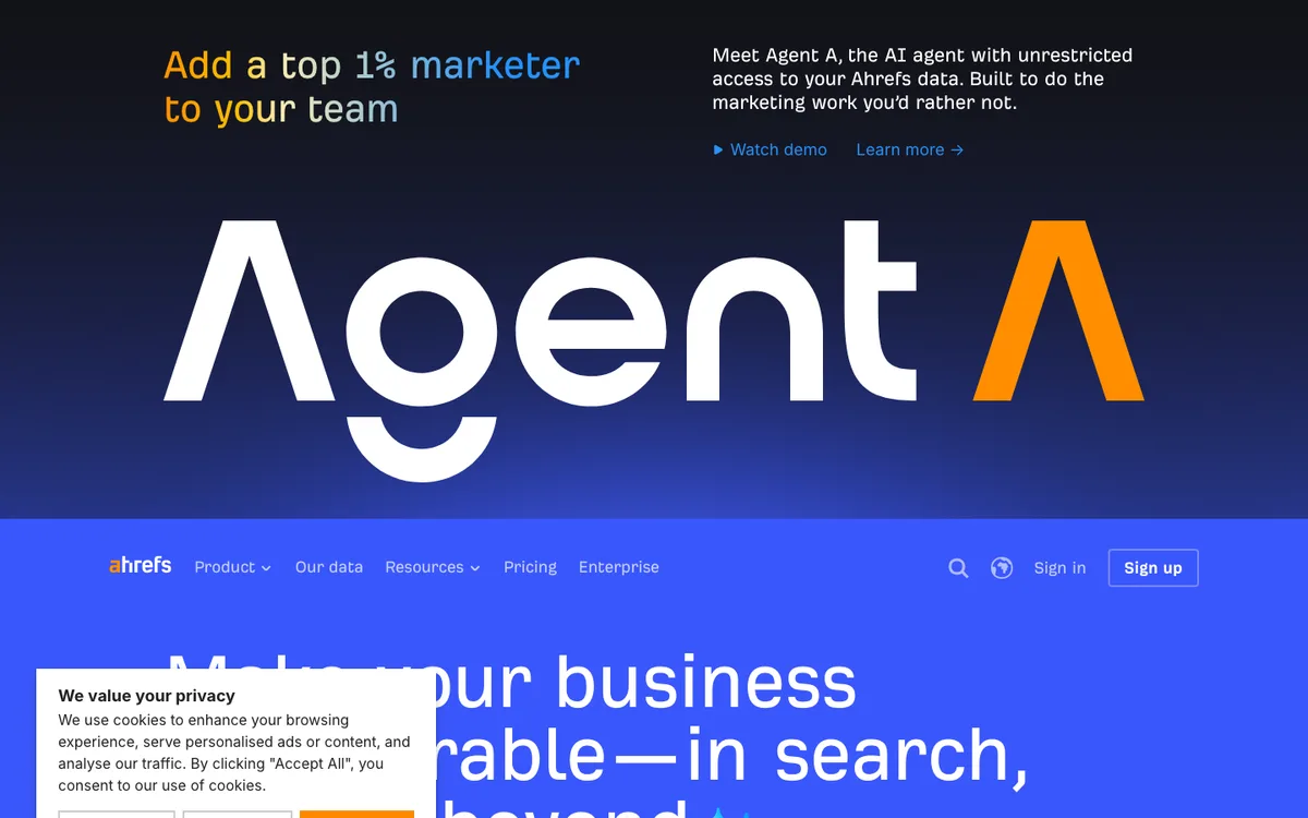 Ahrefs public platform page showing SEO and AI visibility positioning