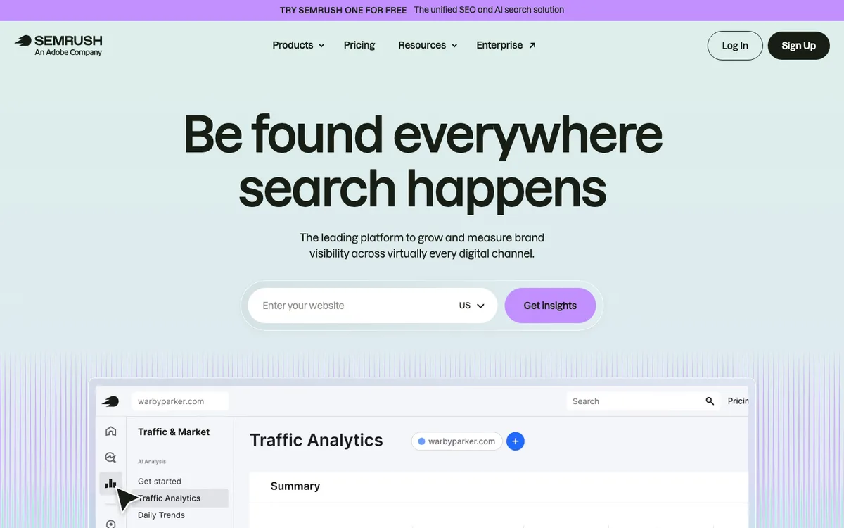 Semrush public homepage showing SEO, AI visibility, PPC, and social visibility suites
