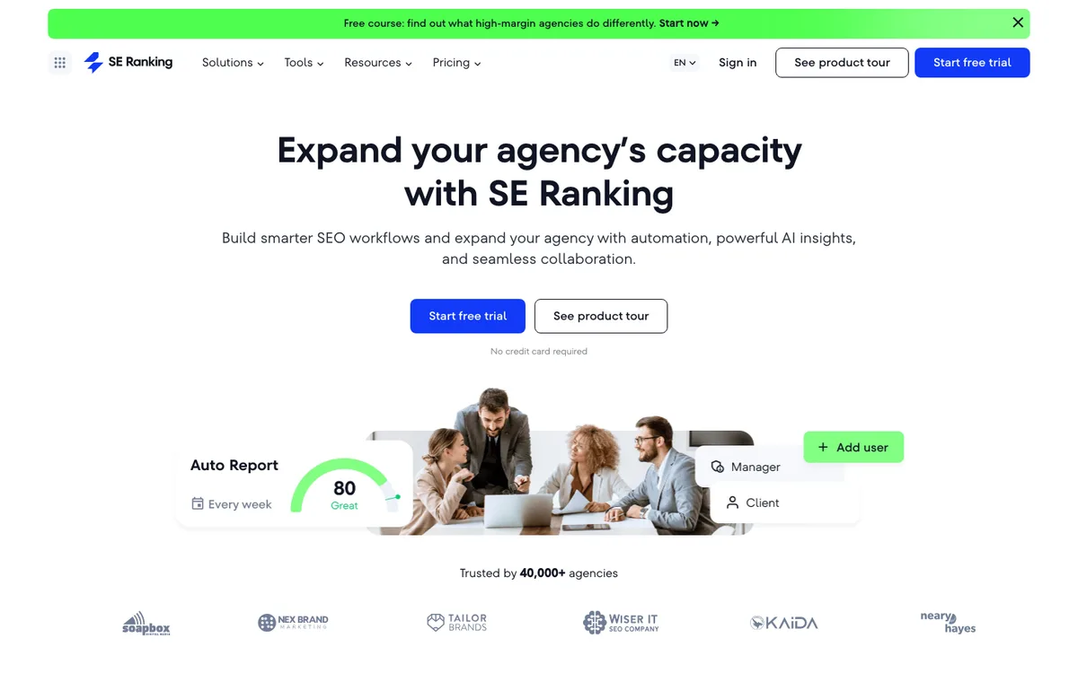 SE Ranking agencies page showing automation, AI insights, collaboration, and white-label reporting