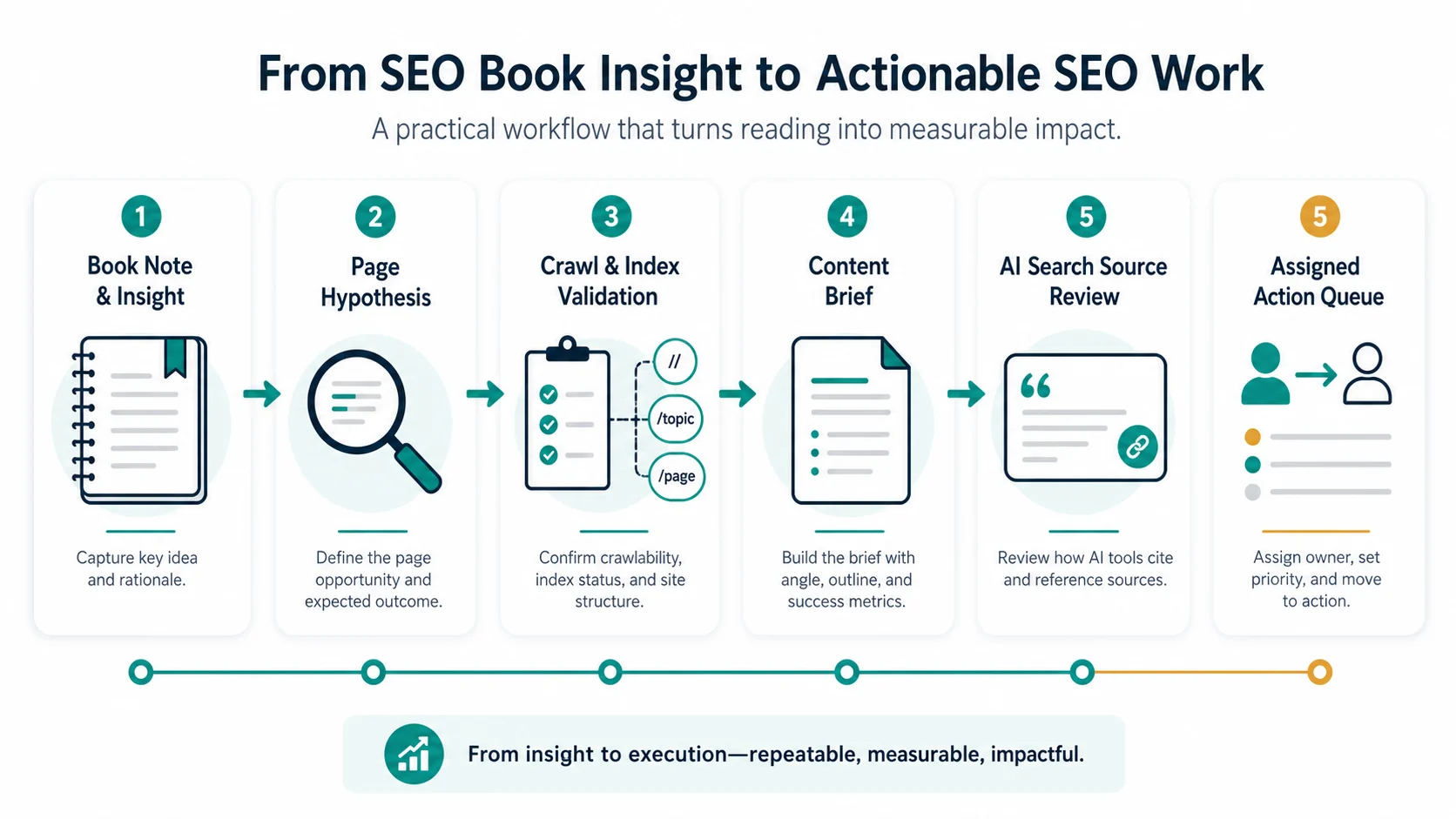 Workflow from SEO book insight to page hypothesis, crawl validation, content brief, AI search source review, and assigned action queue