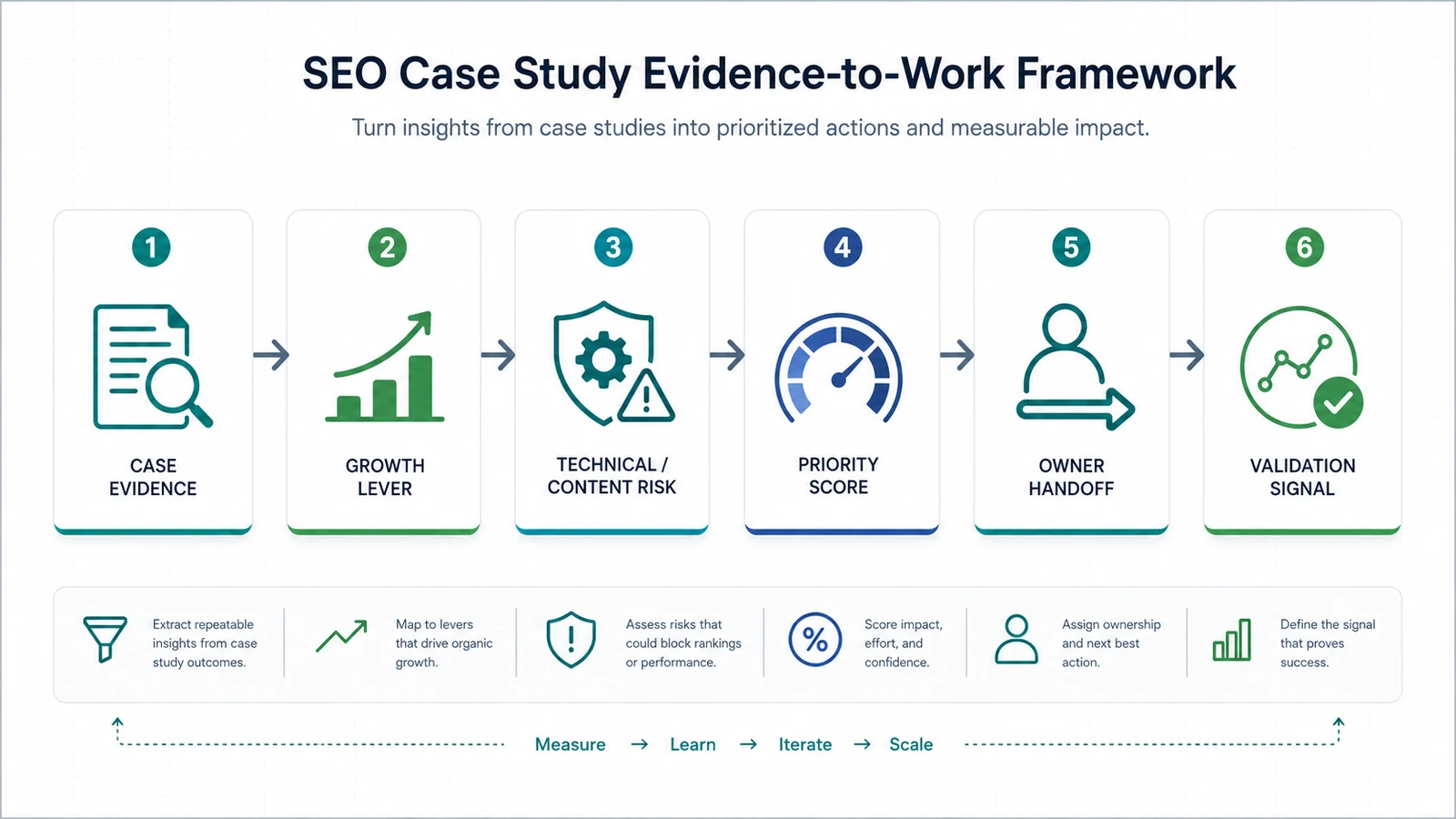 SEO case study evidence-to-work framework with case evidence, growth lever, risk, priority, owner, and validation stages