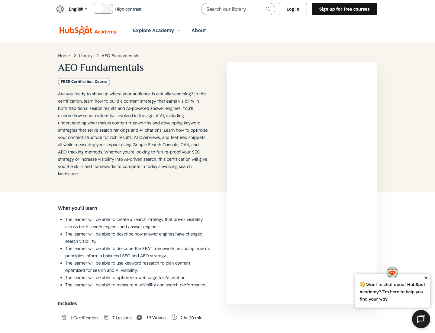 Official HubSpot Academy AEO Fundamentals page used as public source evidence