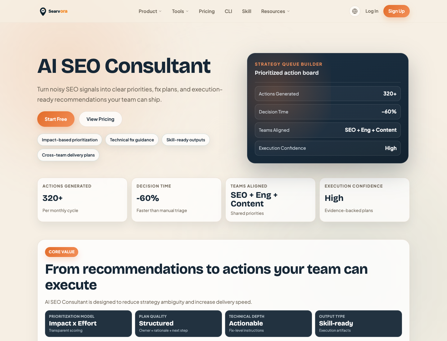 Local Searvora AI SEO Consultant page showing prioritized SEO action planning and execution-ready recommendations