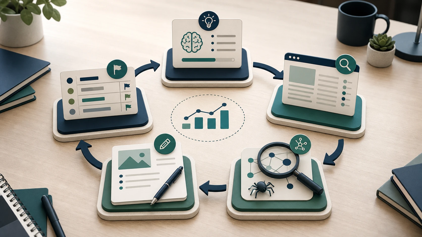 SEO learning workflow from course insight to audit, content brief, crawl validation, and prioritized action