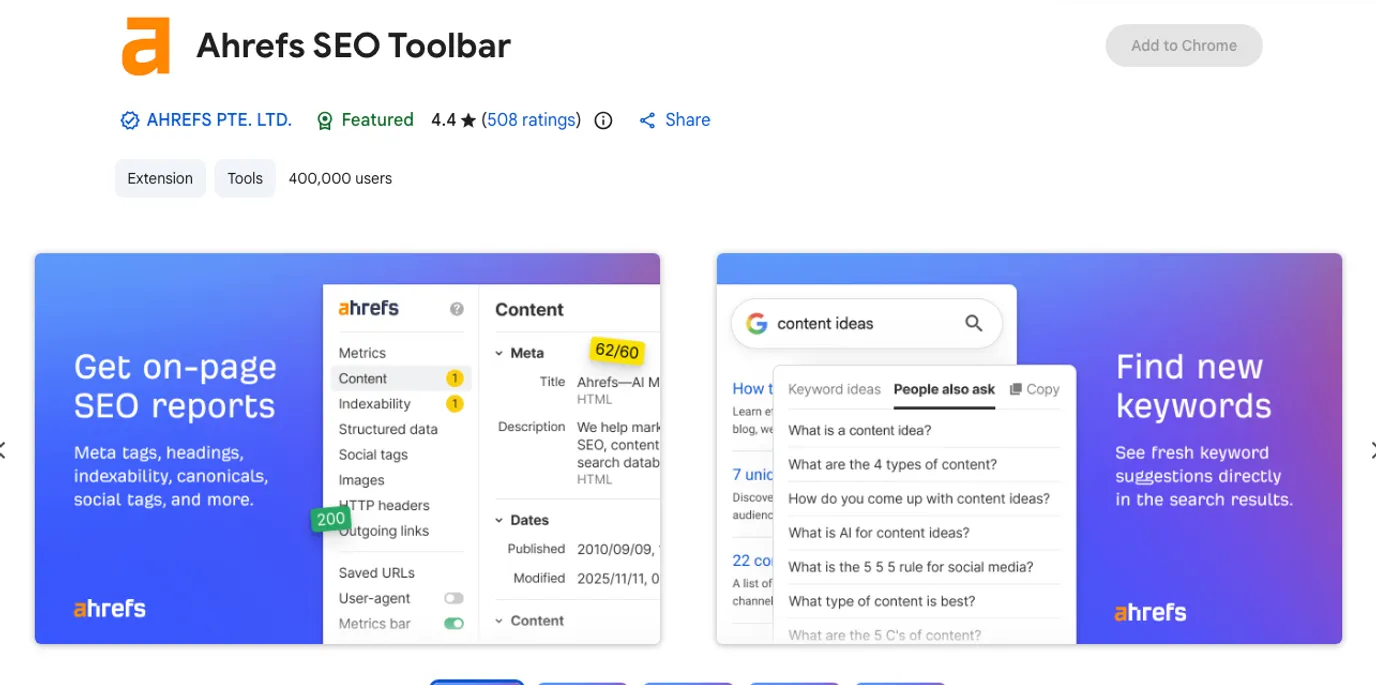 Official Chrome Web Store listing screenshot for Ahrefs SEO Toolbar