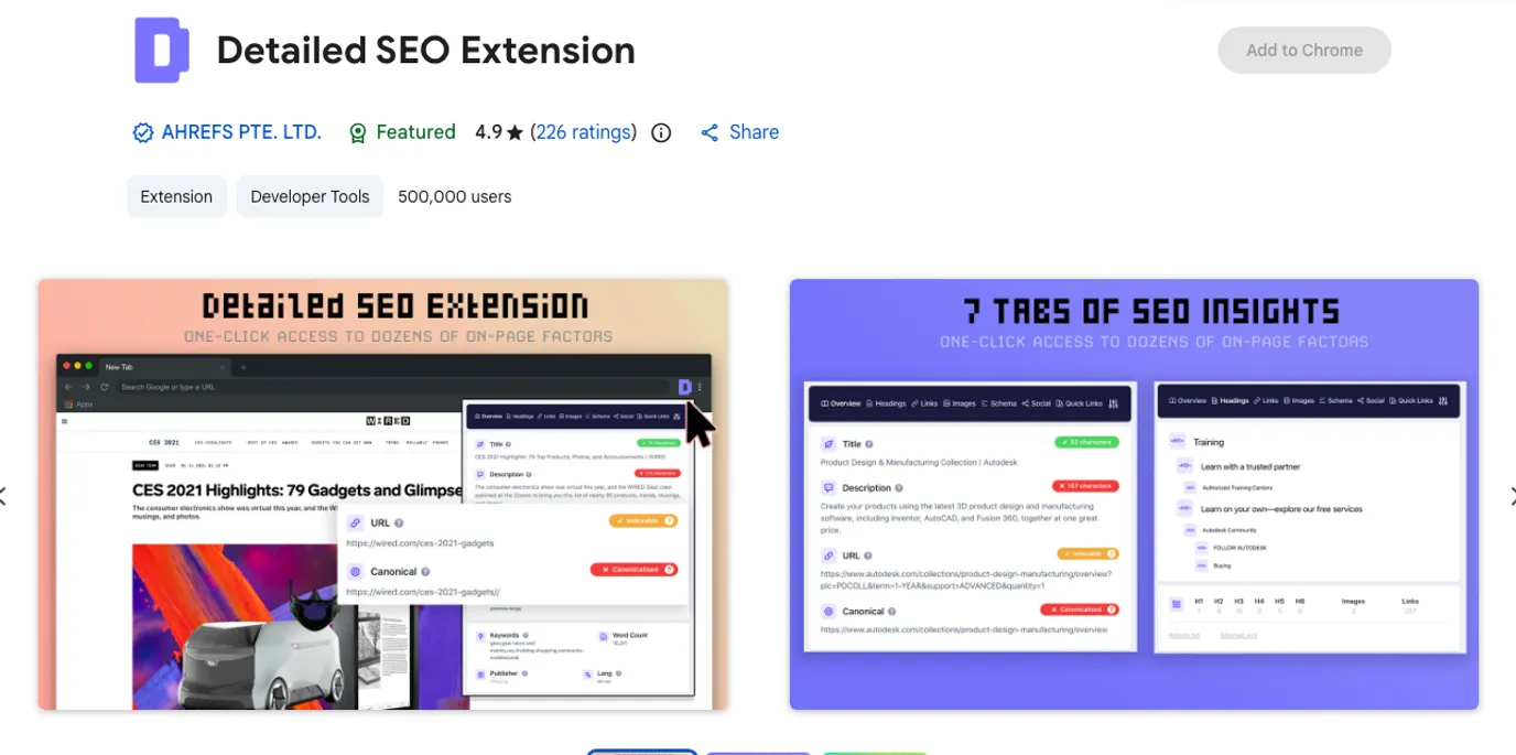 Official Chrome Web Store listing screenshot for Detailed SEO Extension