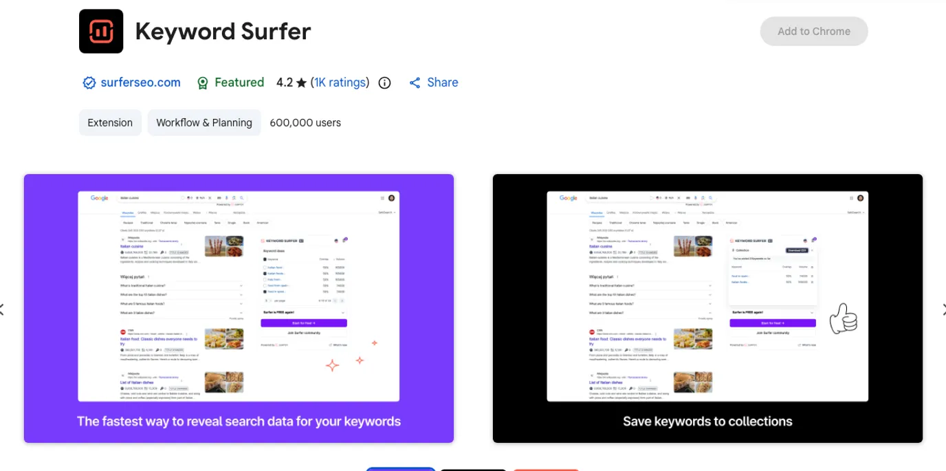 Official Chrome Web Store listing screenshot for Keyword Surfer