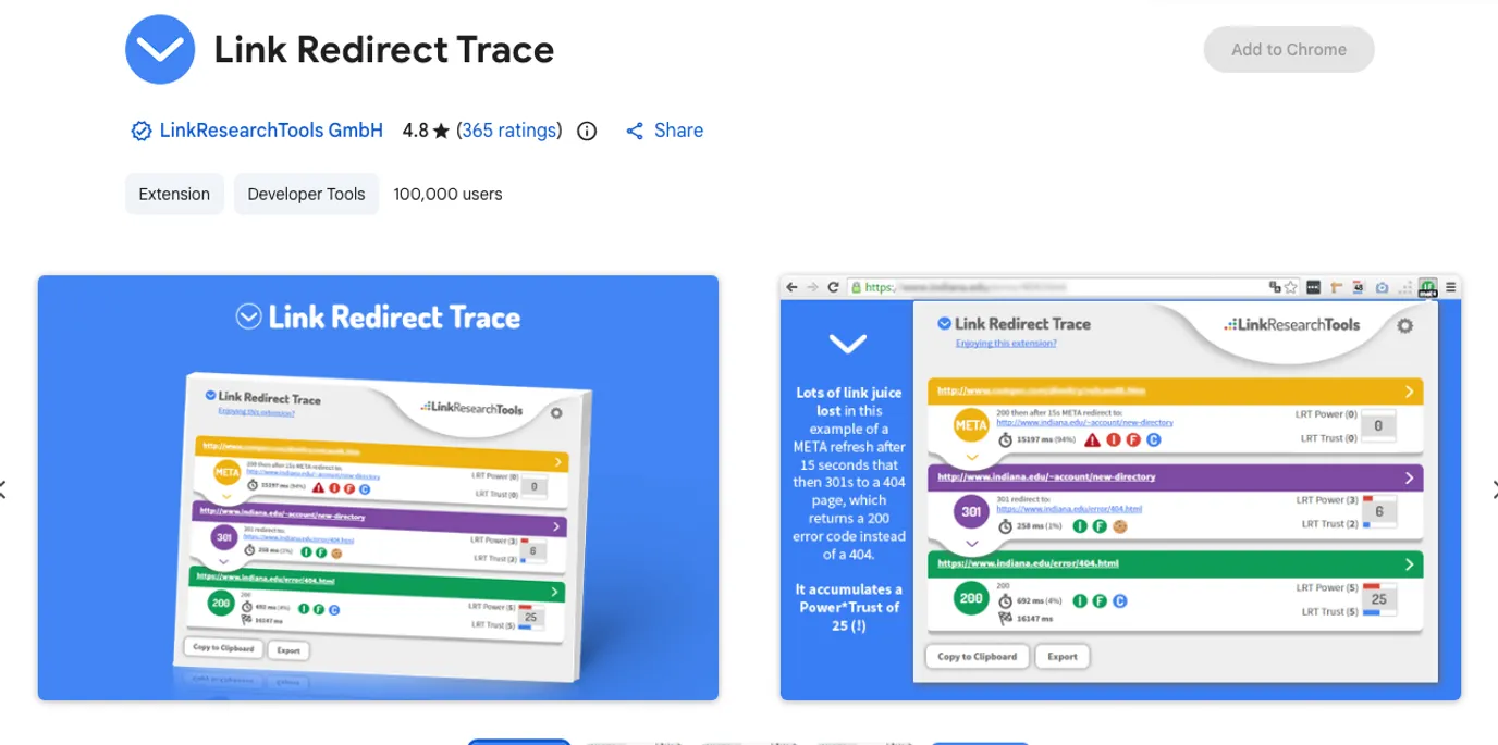 Official Chrome Web Store listing screenshot for Link Redirect Trace