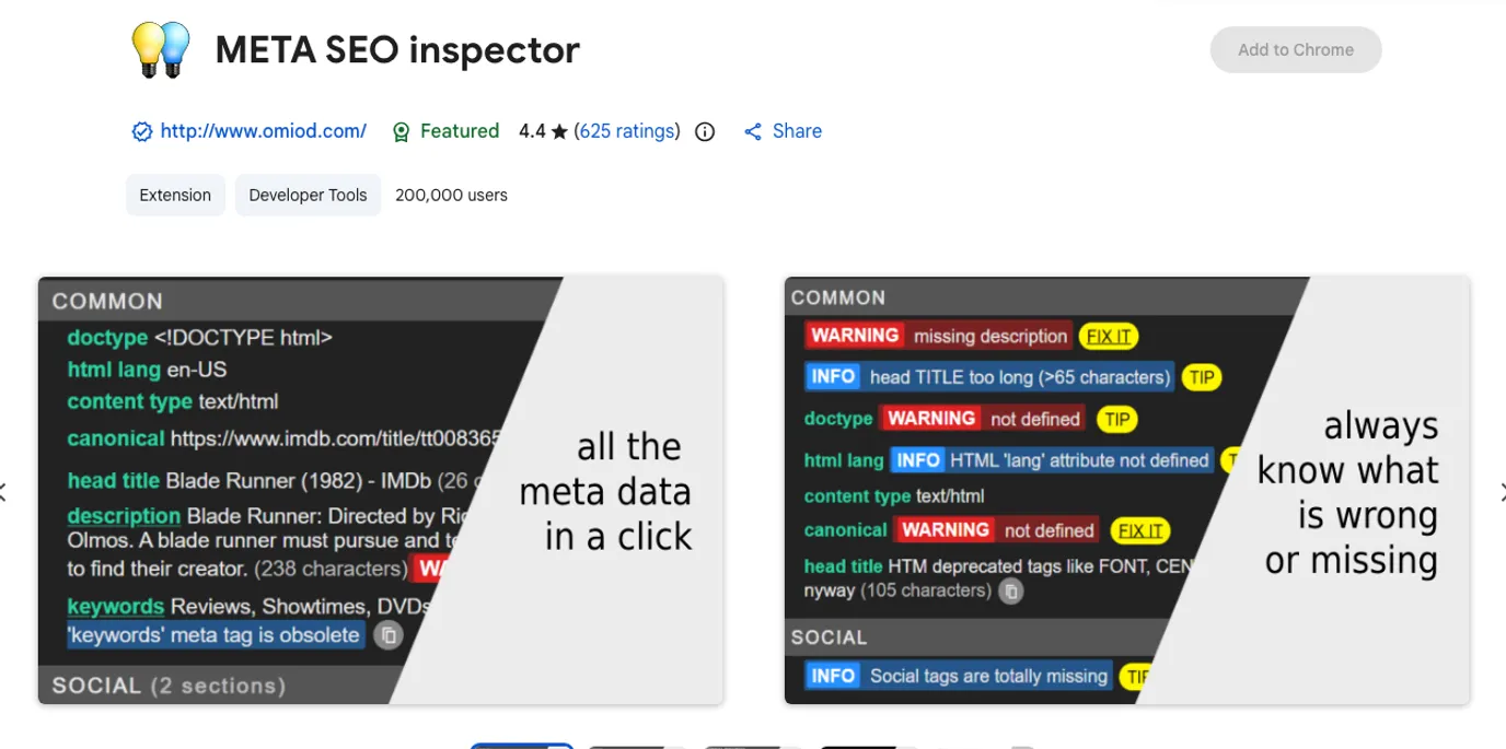 Official Chrome Web Store listing screenshot for META SEO Inspector