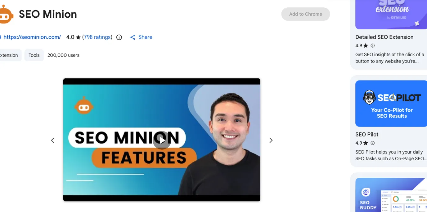 Official Chrome Web Store listing screenshot for SEO Minion