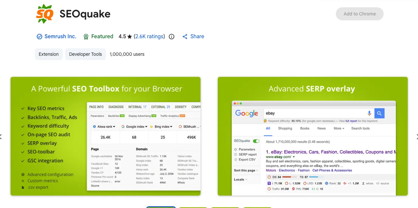 Official Chrome Web Store listing screenshot for SEOquake