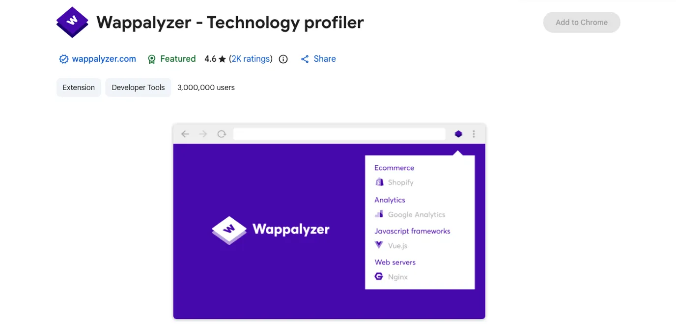 Official Chrome Web Store listing screenshot for Wappalyzer