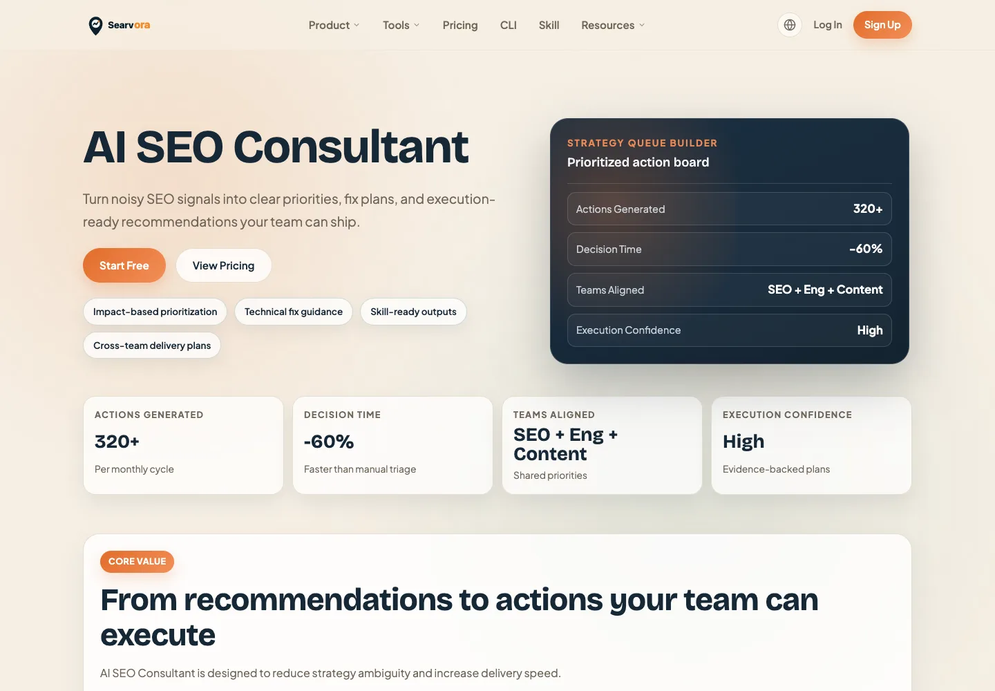 Local Searvora AI SEO Consultant page showing an evidence-to-priority action workflow