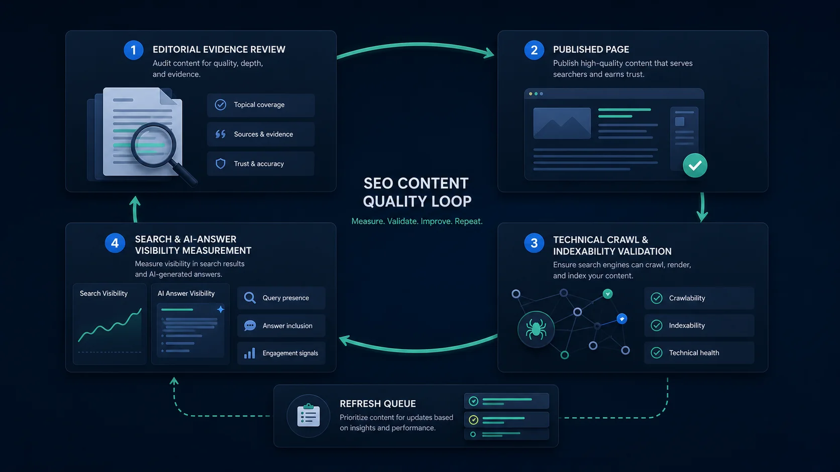 SEO content quality loop from evidence review and publishing to crawl validation, visibility measurement, and refresh