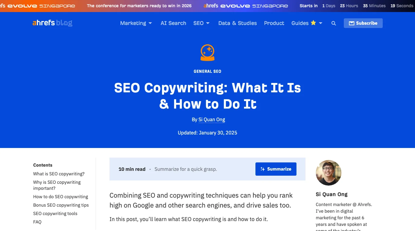 Official Ahrefs SEO copywriting guide used as public source evidence