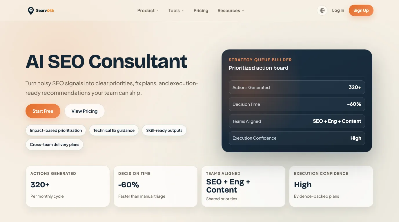 Searvora AI SEO Consultant page showing prioritized SEO action planning
