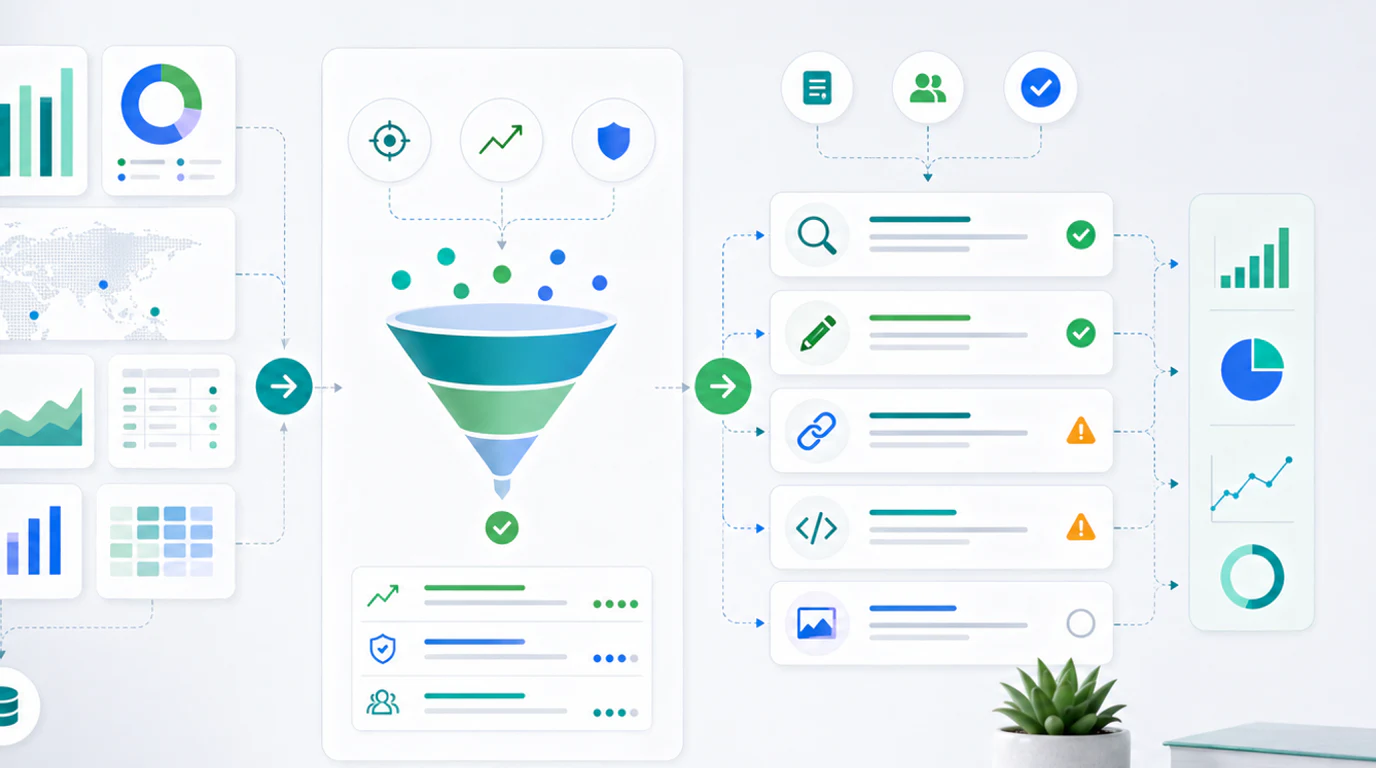 SEO data action loop from segmenting pages through diagnosis, owner assignment, shipped fixes, and validation