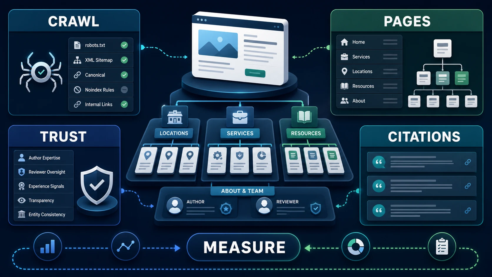 Financial services SEO architecture connecting crawl eligibility, page types, trust evidence, citations, and measurement