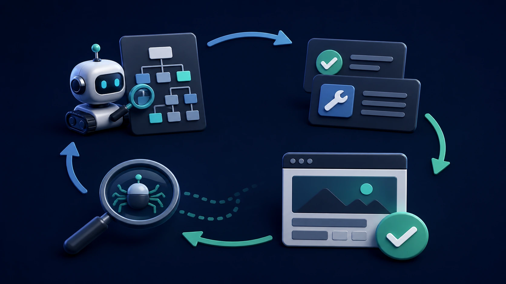 New website SEO validation loop showing crawl inspection, prioritized fixes, deployment checks, and a recrawl