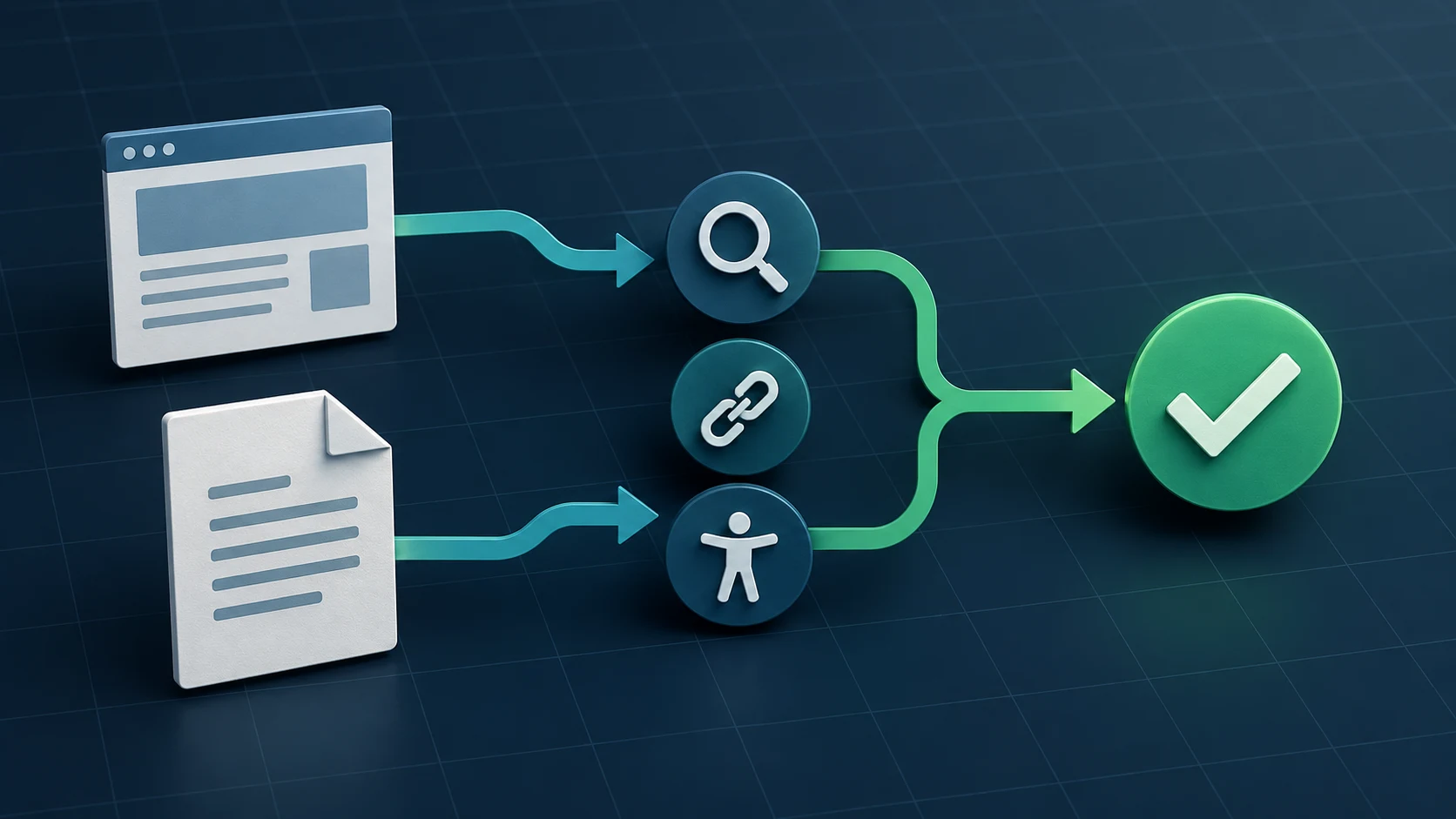 Abstract decision path comparing a web page and document through crawl, link, and accessibility checks