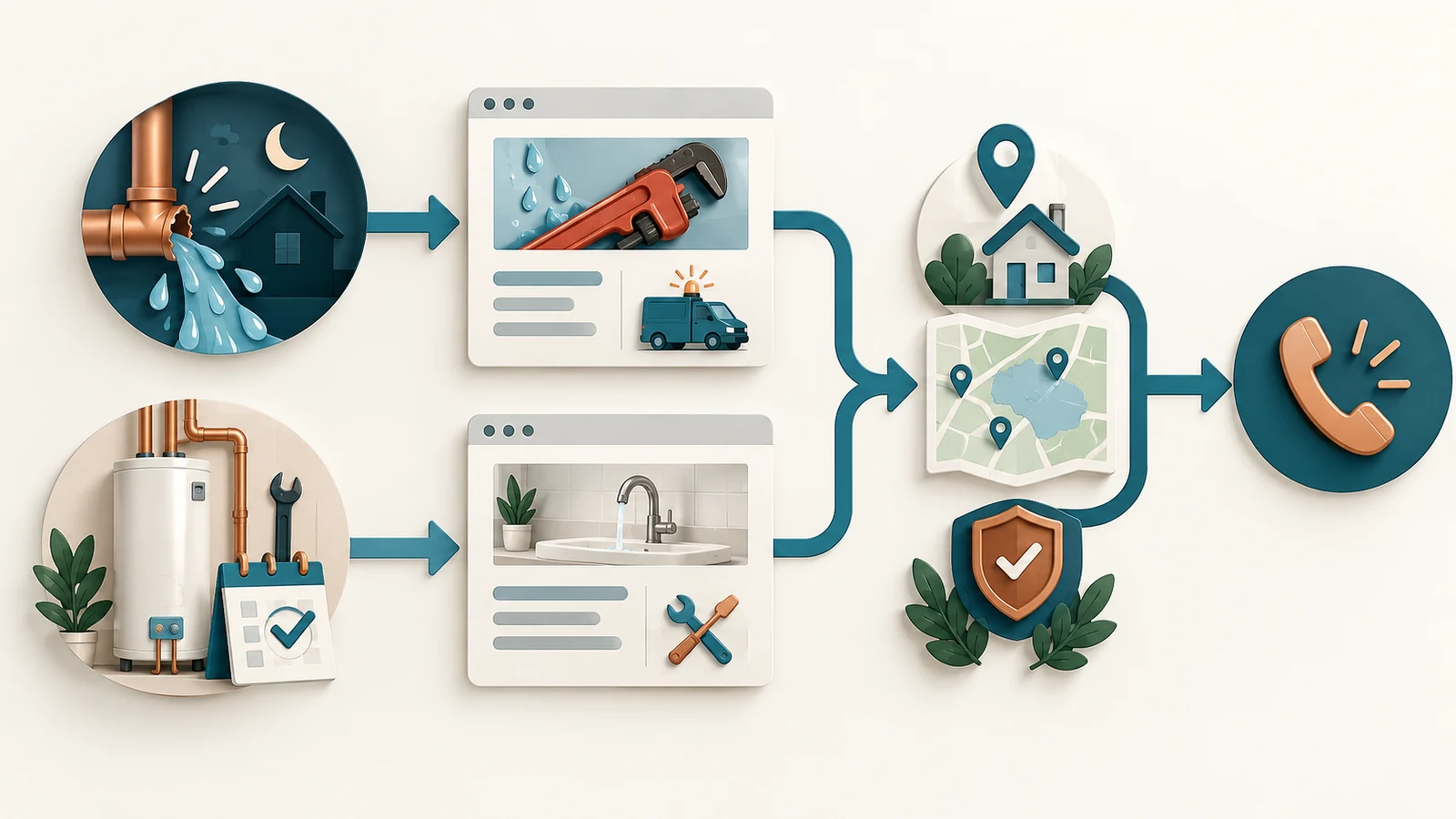 Two plumbing service-intent paths flowing into distinct service pages, local service-area proof, and a call action
