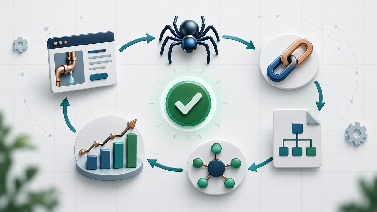 Technical SEO validation loop connecting a plumbing service page, crawl inspection, canonical links, sitemap, internal links, and measured results