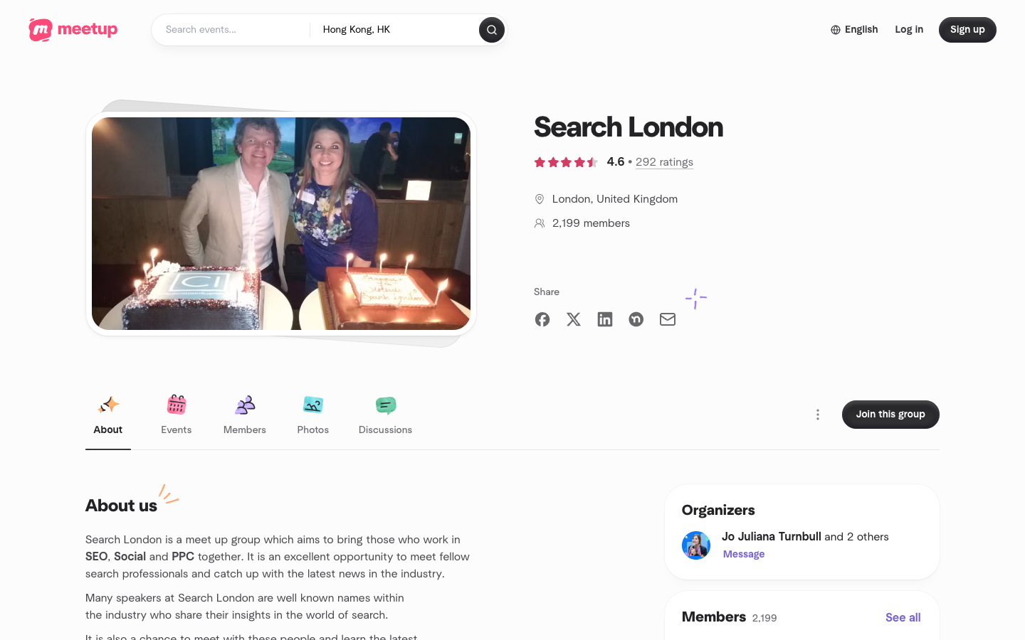 Official Search London Meetup page showing the community description and public event evidence